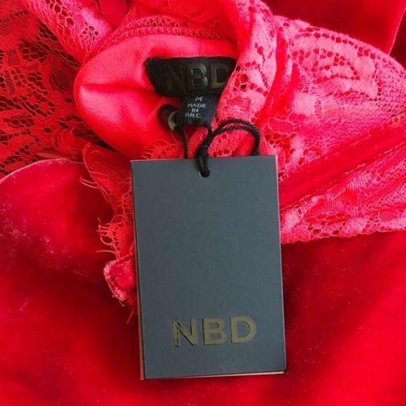 NBD Red Crushed Velvet Lace Back Strapless Dress M - Picture 6 of 7